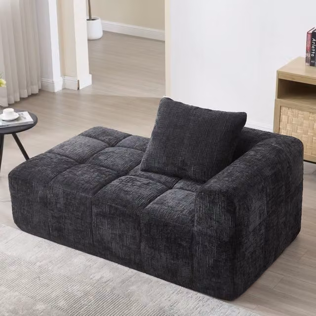 Divano chaise longue con tasche laterali e cuscino incluso imbottitura a recupero in cheniglia nero 158 × 90 × 60 cm