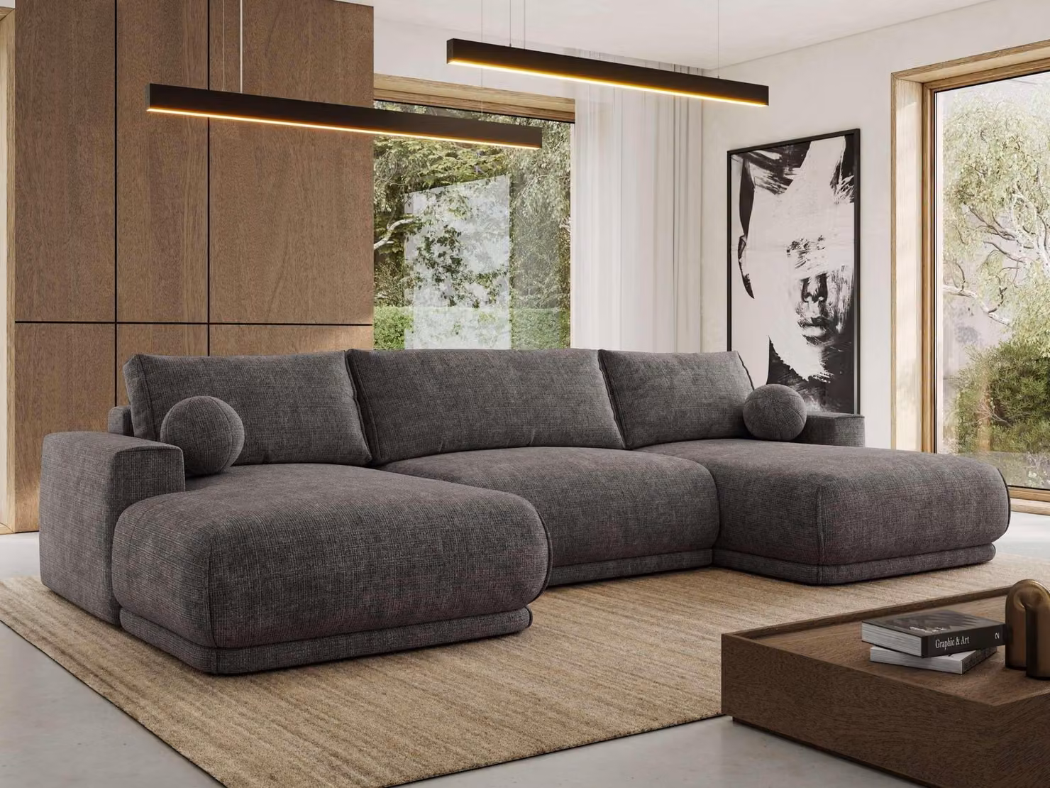 MKS MEBLE Divano ad angolo XXL RINA, divano componibile a forma di U con funzione letto e molle ondulate, funzione letto a divano letto - Grigio ciniglia a trama grossa