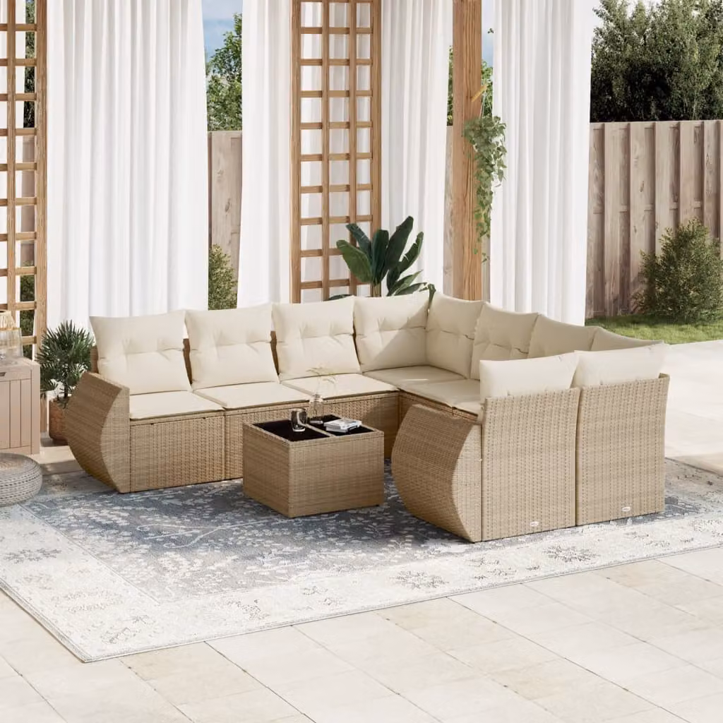 vidaXL Set Divano da Giardino a L 9 pz con Cuscini Beige e Tavolino in Polyrattan e Metallo – 1
