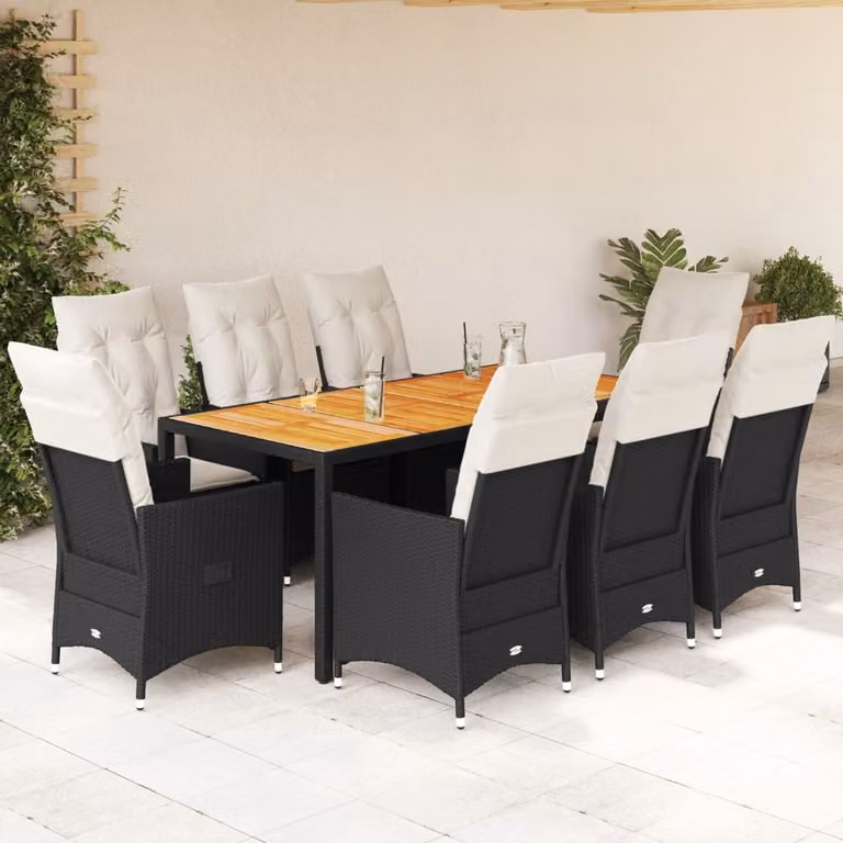 Set da Pranzo da Giardino vidaXL in Polyrattan e Legno di Acacia con Cuscini, 9 Pezzi, Nero e Bianco