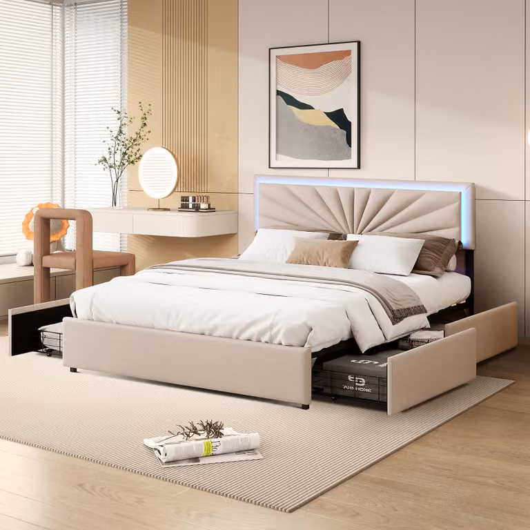 Letto imbottito Fortuna Lai 160x200cm con testata regolabile in altezza, LED e 4 cassetti, letto funzionale matrimoniale in lino, beige