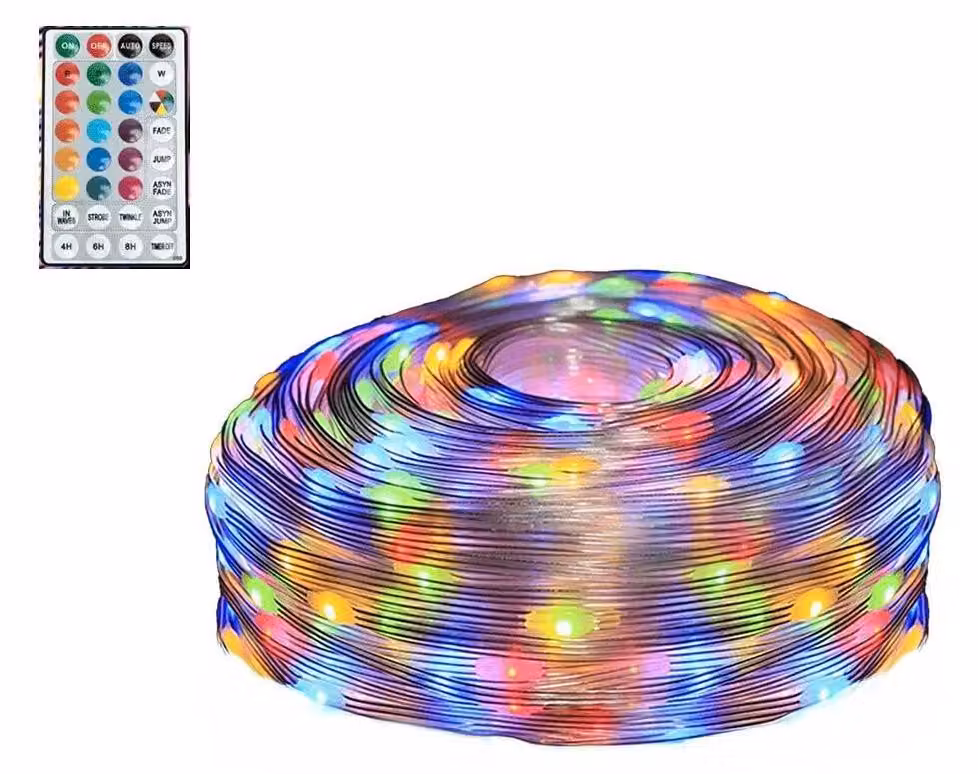 Catena luminosa LED RGB, 100 LED, 10 metri + 0,3 metri, grado di protezione IP44, con telecomando