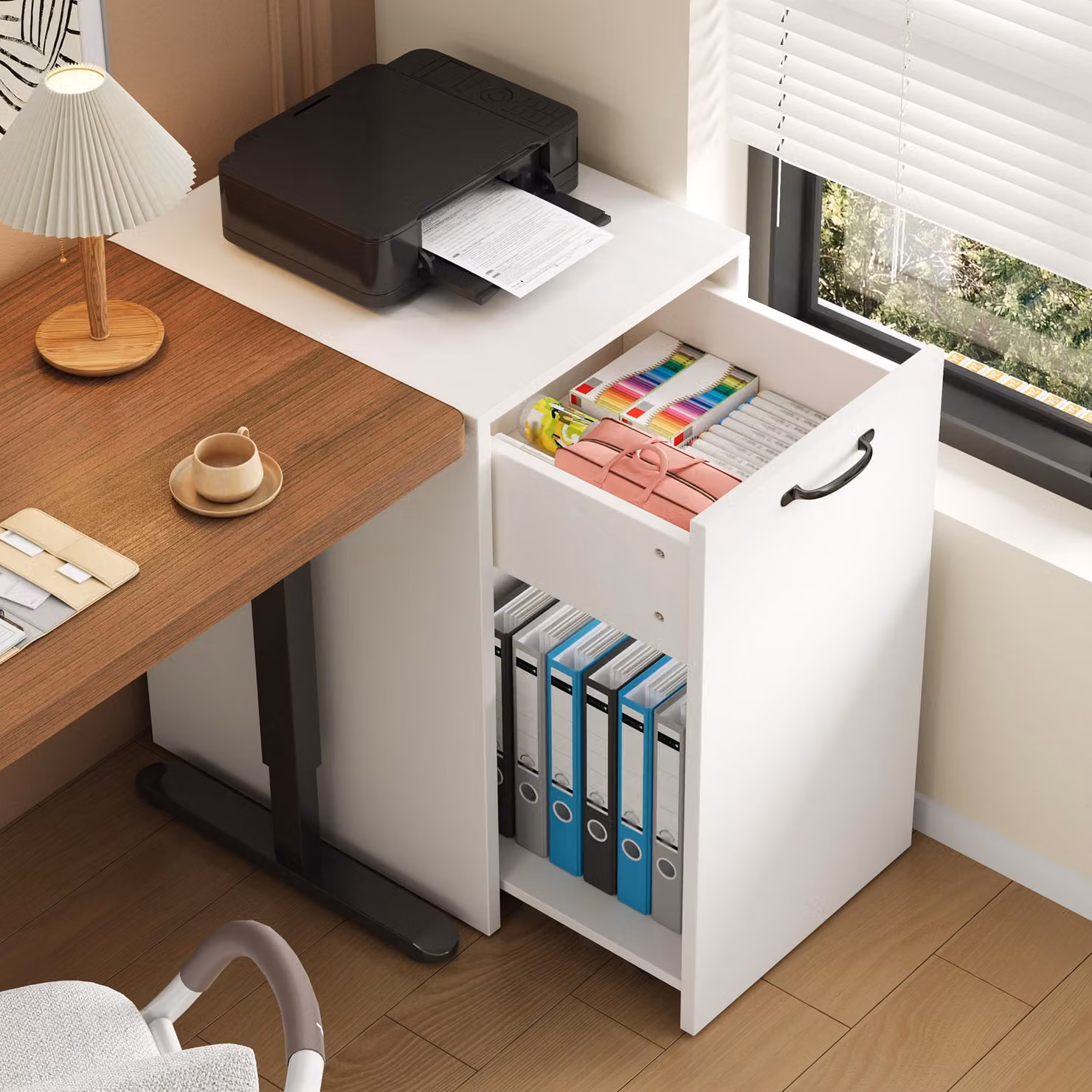 Armadio portadocumenti bianco con ruote, carrello contenitore con cassetto, montabile su entrambi i lati, adatto per ufficio e libreria