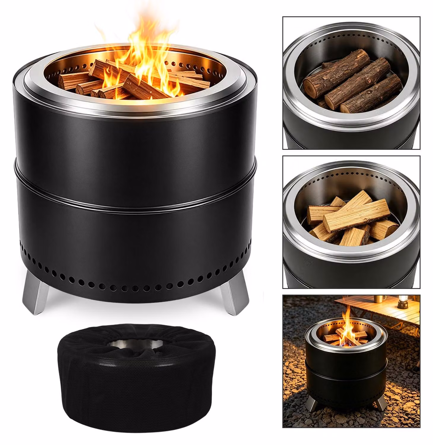 Ikodm, braciere senza fumo, diametro 49,5 cm, acciaio inossidabile 201, portatile con borsa e contenitore per la cenere estraibile, ideale per giardino, terrazza, balcone e campeggio, colore nero