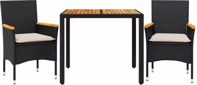 Set Pranzo da Giardino 3 pz | Set Salotto da Giardino con Cuscini Nero Polyrattan Acacia