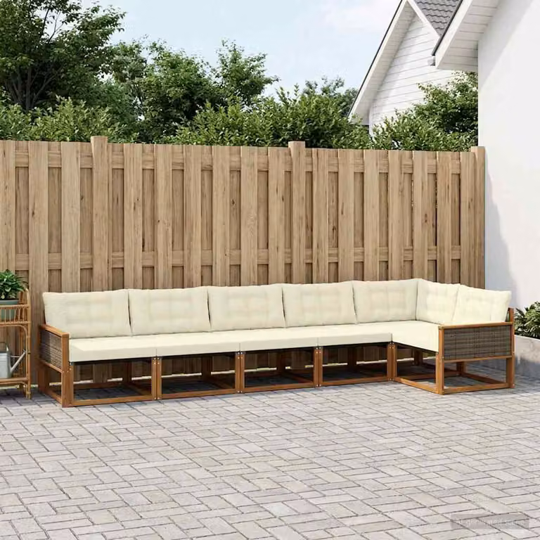 Set di divani da esterno vidaXL a forma di L composto da 6 pezzi in legno di acacia con cuscini in tessuto beige e marrone