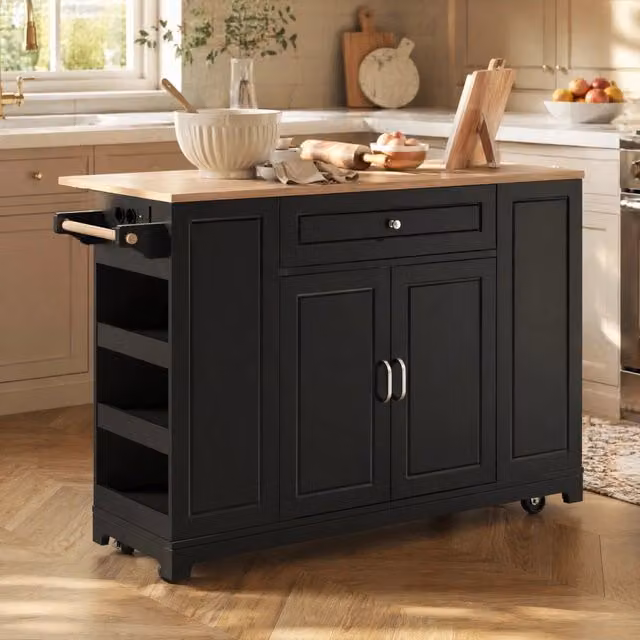 Isola da cucina mobile nera con piano estraibile, cassetti multifunzione e vano per rifiuti, 131,8x40-70x93,3 cm