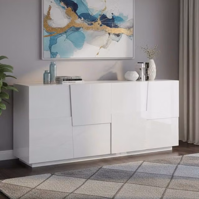 Credenza Arda, Buffet da soggiorno, Madia da salotto moderna con 4 ante, 200x44h86 cm, Bianco lucido