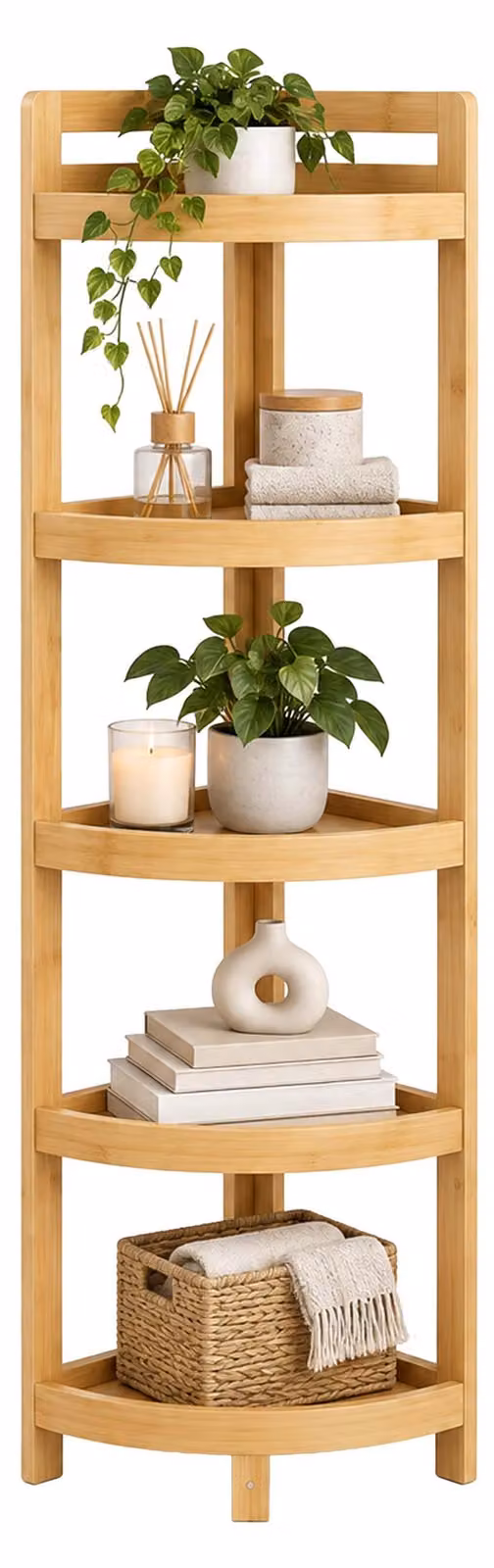 Relaxdays, scaffale angolare in bambù, con 5 ripiani a forma di semicerchio, dimensioni: 116x23x23 cm, scaffale da pavimento per bagno e cucina, scaffale salvaspazio, colore naturale