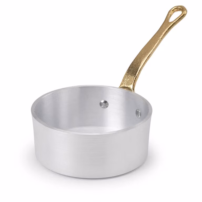 Casseruolino basso 1932 in alluminio con un manico in ottone, diam. 10cm