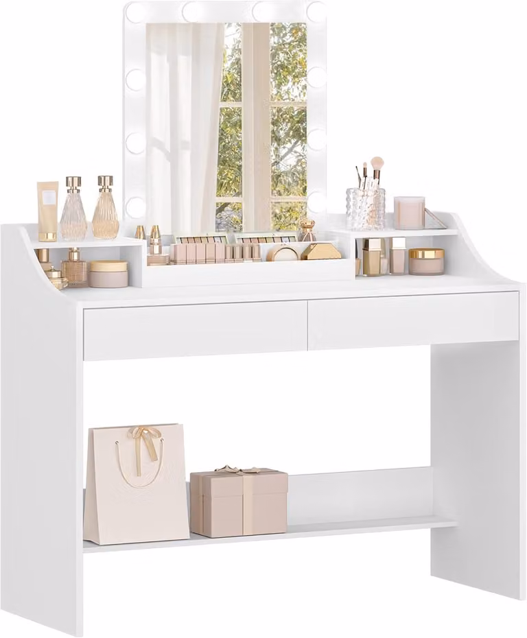 Comò da trucco con illuminazione a LED e specchio - 108 cm - 2 cassetti e vani aperti - Tavolino da trucco moderno