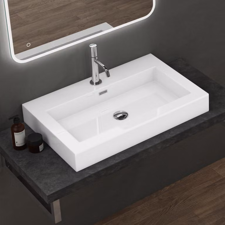 doporro Lavabo da Appoggio Rettangolare, Lavabo Bagno Sospeso con Foro Rubinetto e Troppopieno in Marmo Resina Bianco Lucido, Lavandino Bagno 73x48x10cm Colossum18