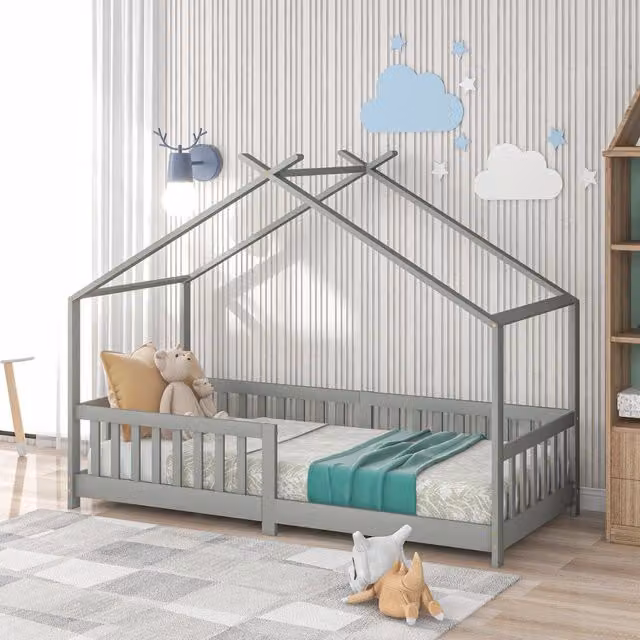 Letto Casetta per Bambini MINIMAL in Legno Massello di Pino con Doghe e Sponde, Grigio, L/P/H: 200 x 90 x 150 cm