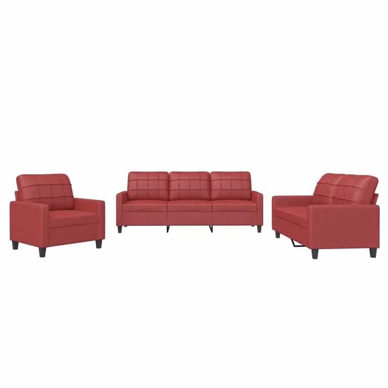 Set di Divani 3 pz con Cuscini Rosso Vino in Pelle finta