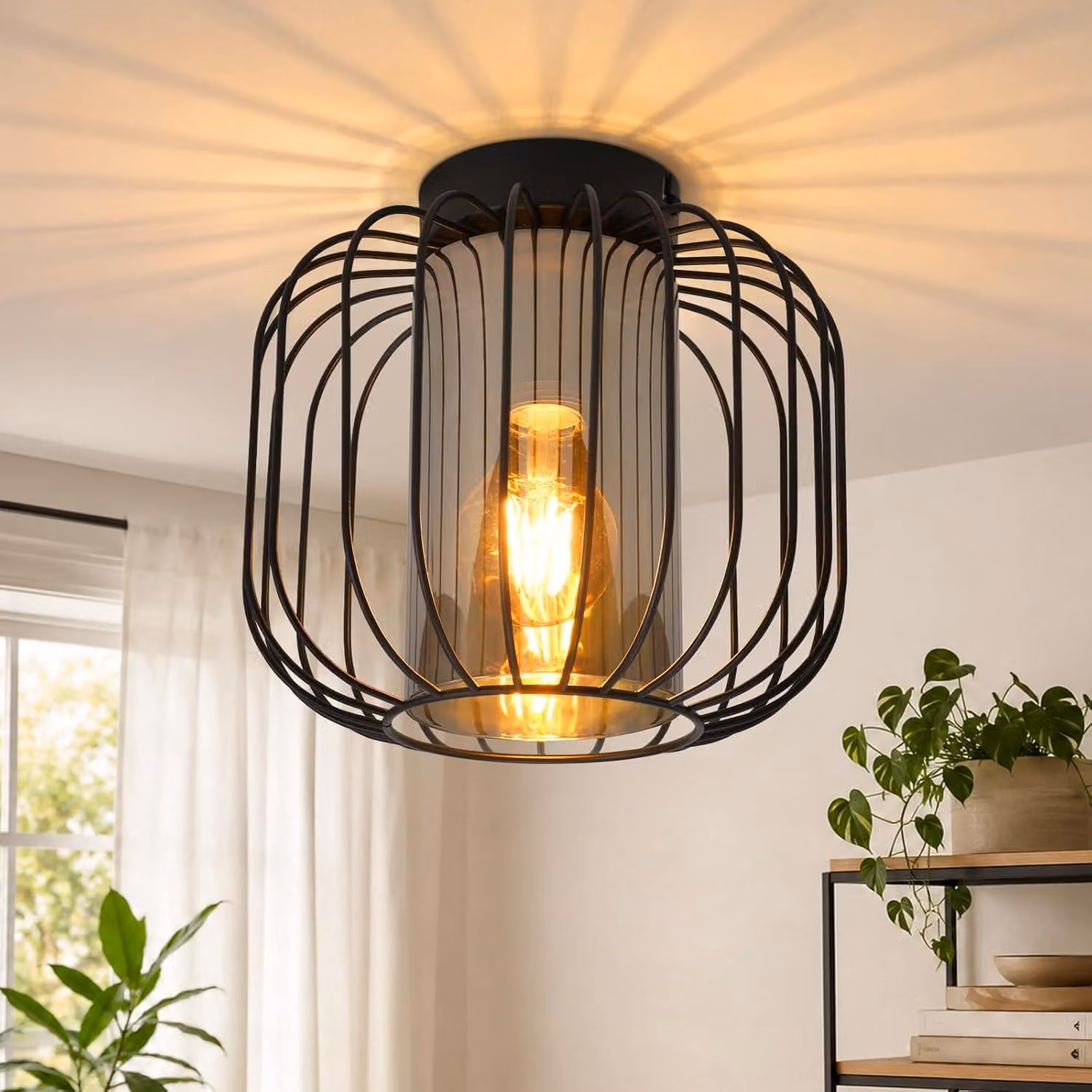 ZMH Lampada a soffitto vintage, a una luce, con paralume in vetro, attacco E27, lampada da soffitto in metallo, stile industriale, ideale per corridoi, camere da letto, cucine e uffici, colore nero