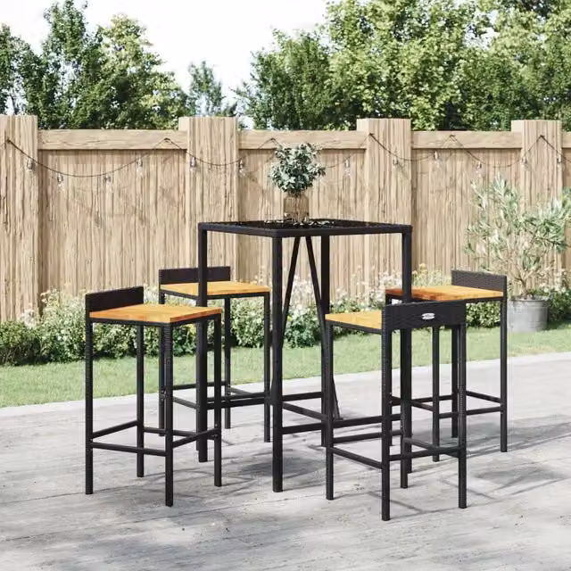 Set Bar Giardino 5 pz Nero Polyrattan e Legno Massello Acacia 3187675