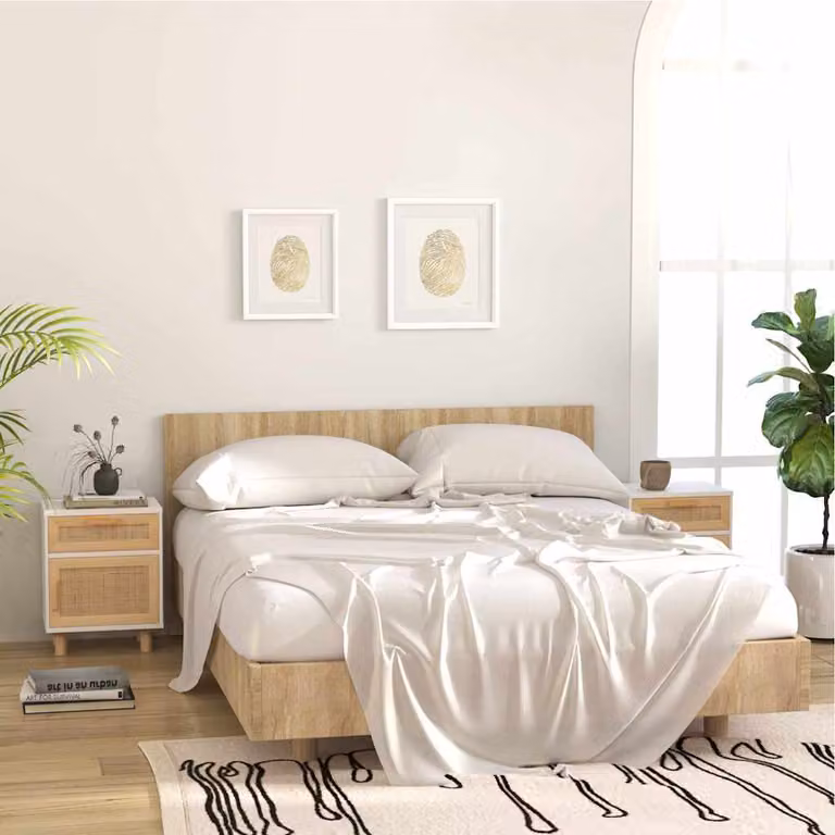Set di 2 comodini vidaXL bianchi in legno massello di pino e rattan naturale in stile scandinavo