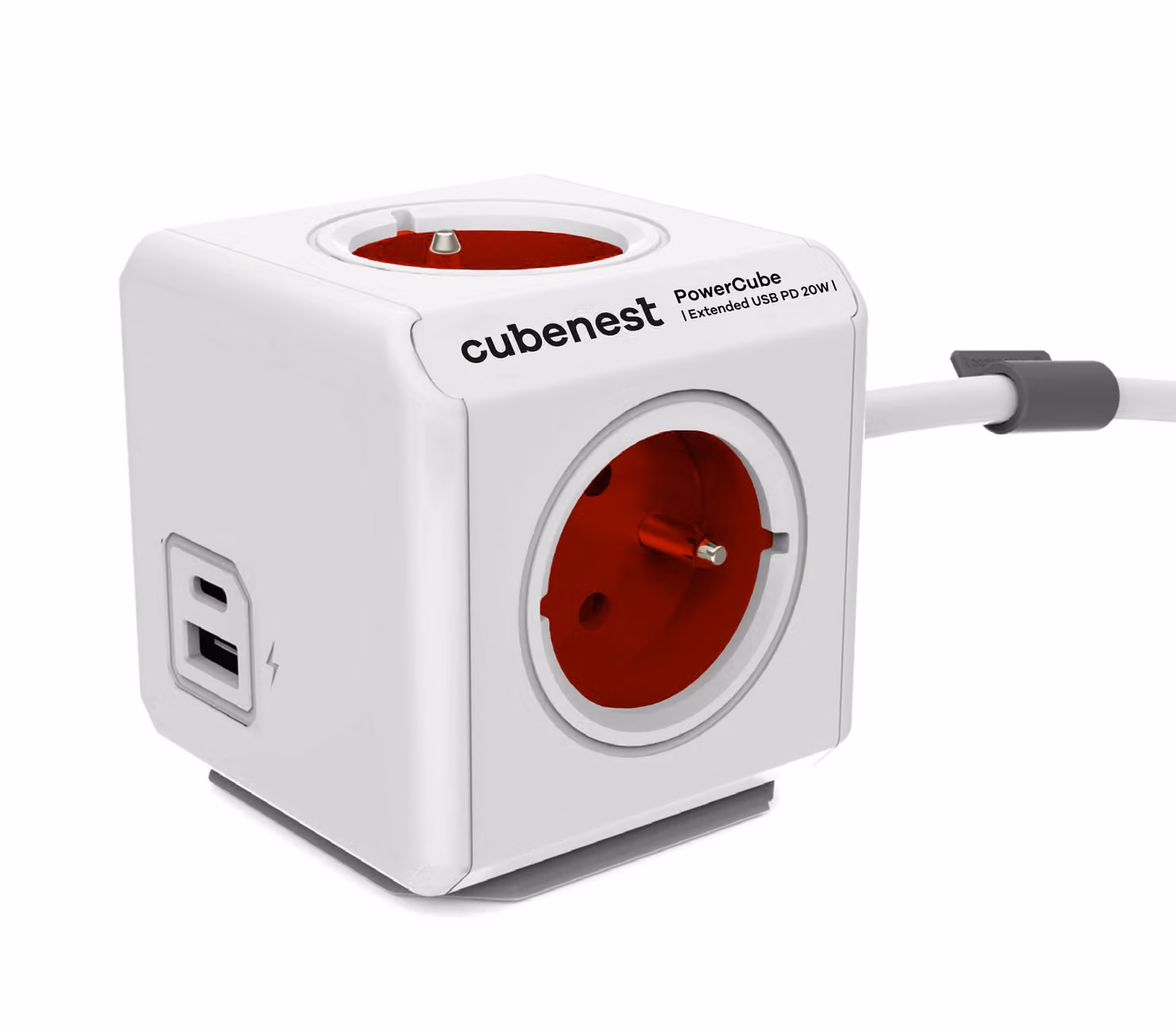 PowerCube Cubenest Extended USB PD 20W, A+C, cavo di prolunga da 1,5 m, rosso - fusibile per bambini, messa a terra, max 16A/250V2500W/50-60Hz