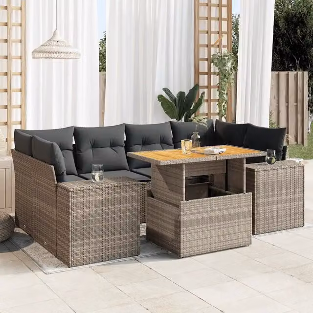 Set Divani da Giardino 7 pz con Cuscini Grigio in Polyrattan 3327343