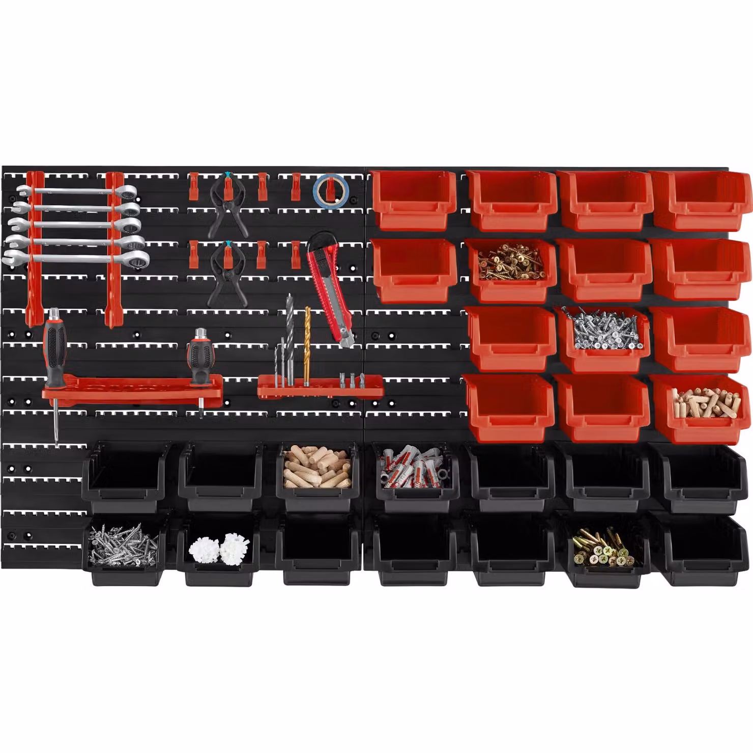 Contenitore per minuteria tectake con 28 cassette impilabili e supporti per utensili in plastica e acciaio, nero e rosso, da appendere a parete – 2