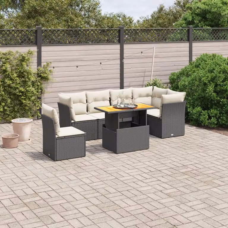Set Divano da Giardino a L con Tavolino da Esterno vidaXL, 7 Pezzi in Polyrattan e Legno di Acacia, Nero e Bianco