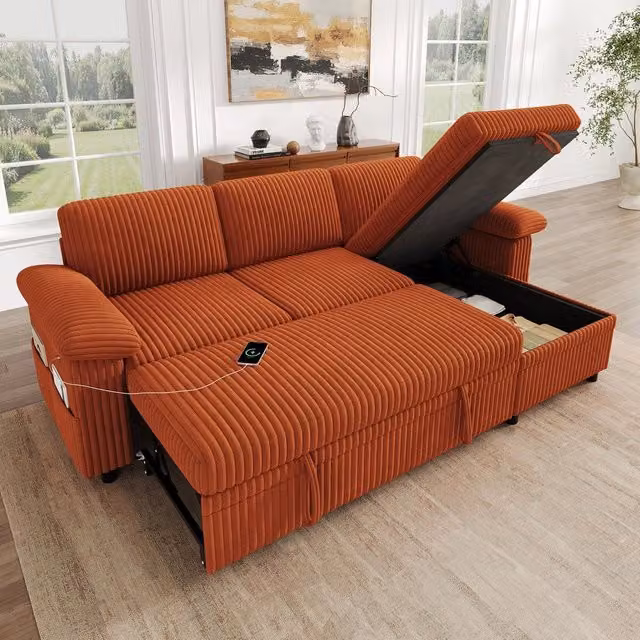 Divano angolare estraibile con cassetti ¨C Minimal ¨C Tessuto arancione, schienale regolabile, porta USB, 220x140x85