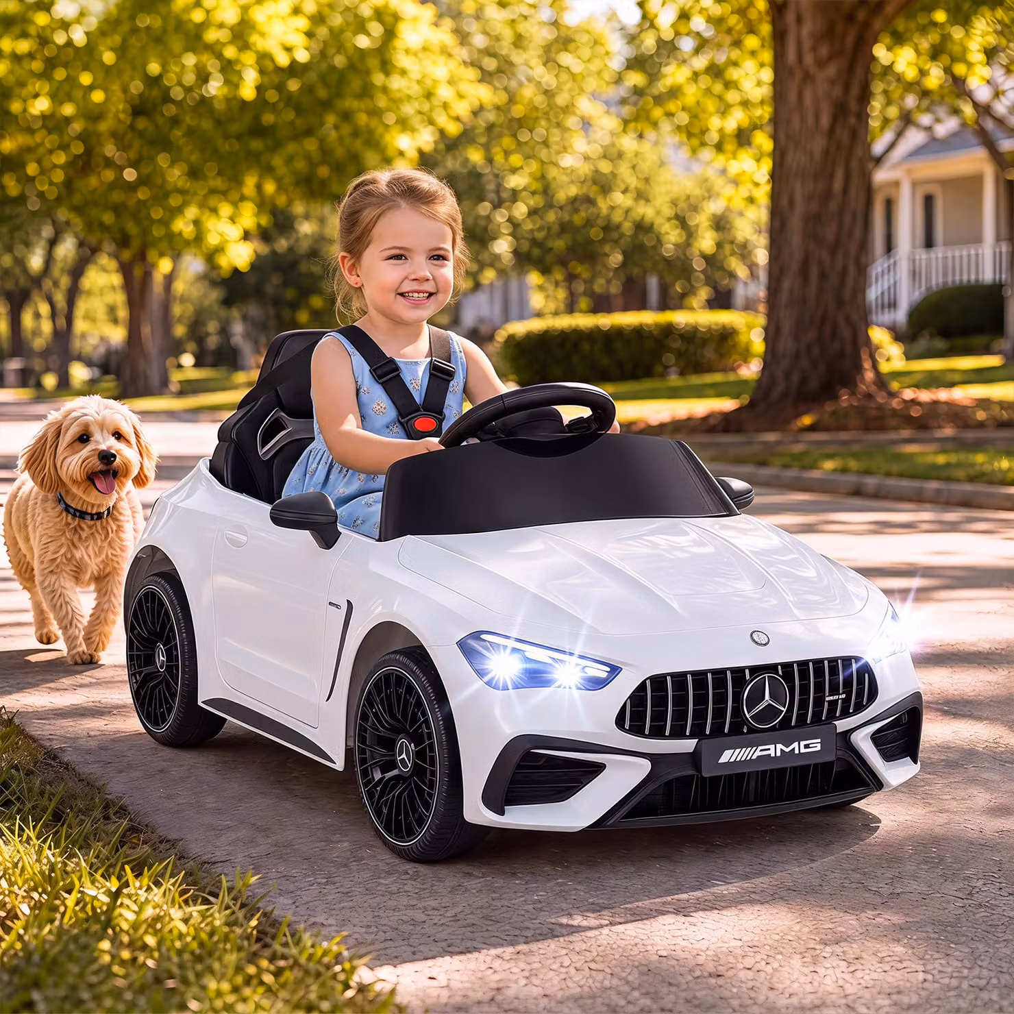 Auto elettrica Mercedes Costway per bambini 3+ anni con telecomando 2,4g, fari LED, musica e clacson, Bianco