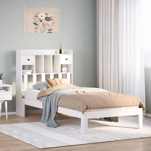 Letto Libreria vidaXL in Legno di Pino Bianco con Ripiani Laterali L/P/H: 200 x 90 x 110 cm