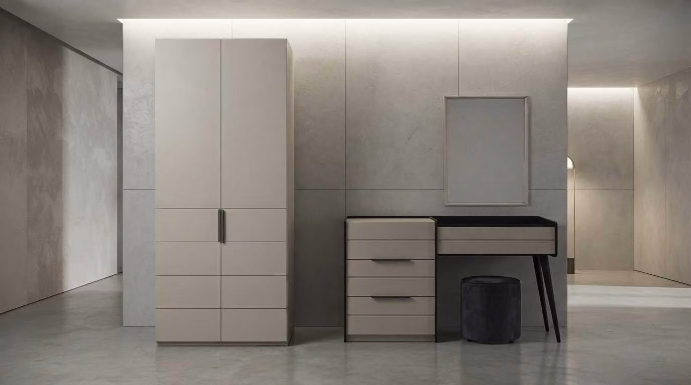Armadio, tavolino da trucco, beige, moderno, elegante, specchio, sgabello