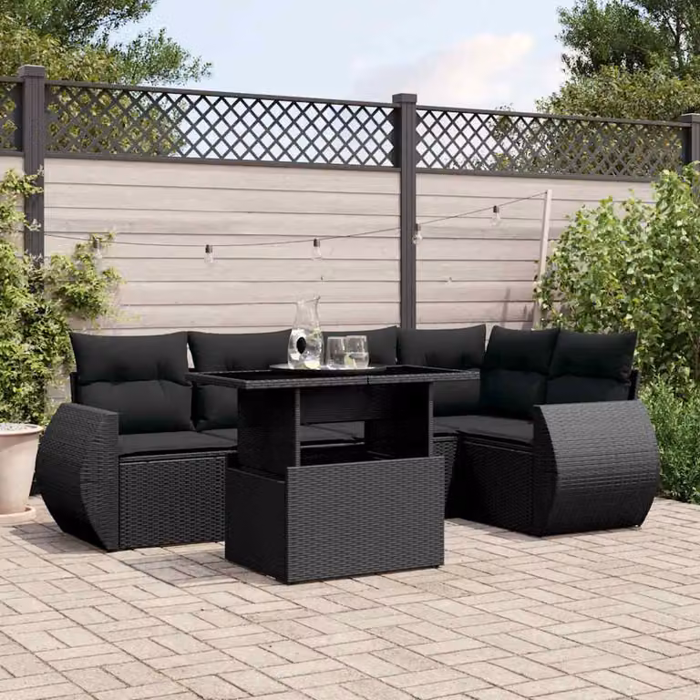 Set Divano da Giardino a L vidaXL in Polyrattan Nero con 6 Cuscini e Tavolino
