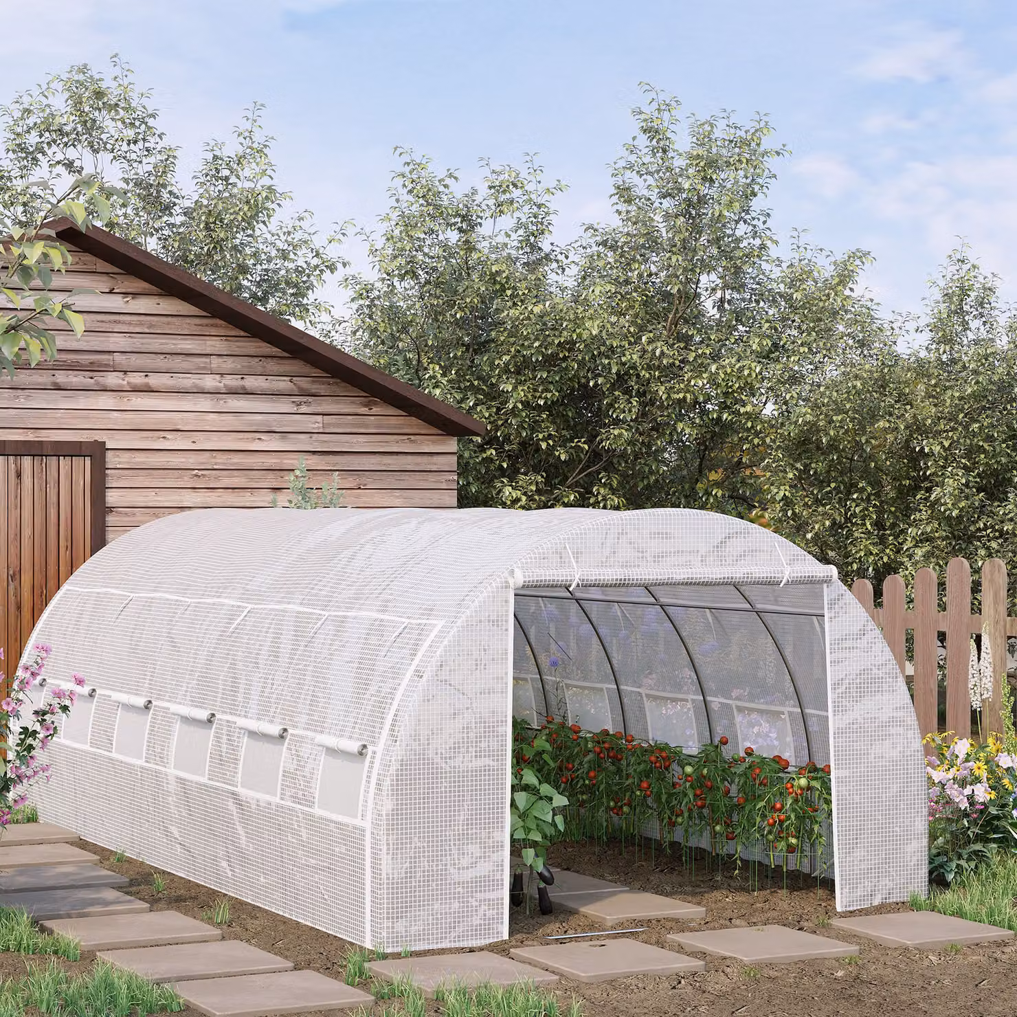 Serra da giardino Outsunny da 18 m², L: 6 m x P: 3 m x H: 2 m, con porta, pareti laterali zippate avvolgibili e 12 finestre, in acciaio e PE ad alta densità 140 g/m² anti-UV, colore bianco – 2