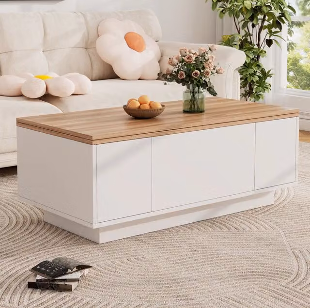 Tavolino da caffè con doppio piano alzabile; contenitore nascosto; 100x50x55;5 cm; bianco/legno