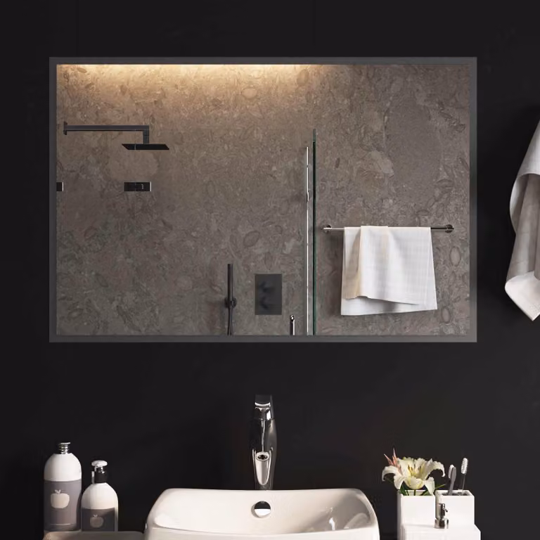 Specchio da bagno moderno vidaXL con illuminazione LED in vetro temperato, L: 90 cm, H: 60 cm, colore grigio