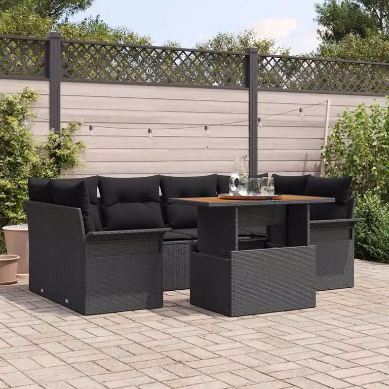 Set Divano da Giardino vidaXL a forma a U composto da 7 pezzi con cuscini e tavolino, Nero