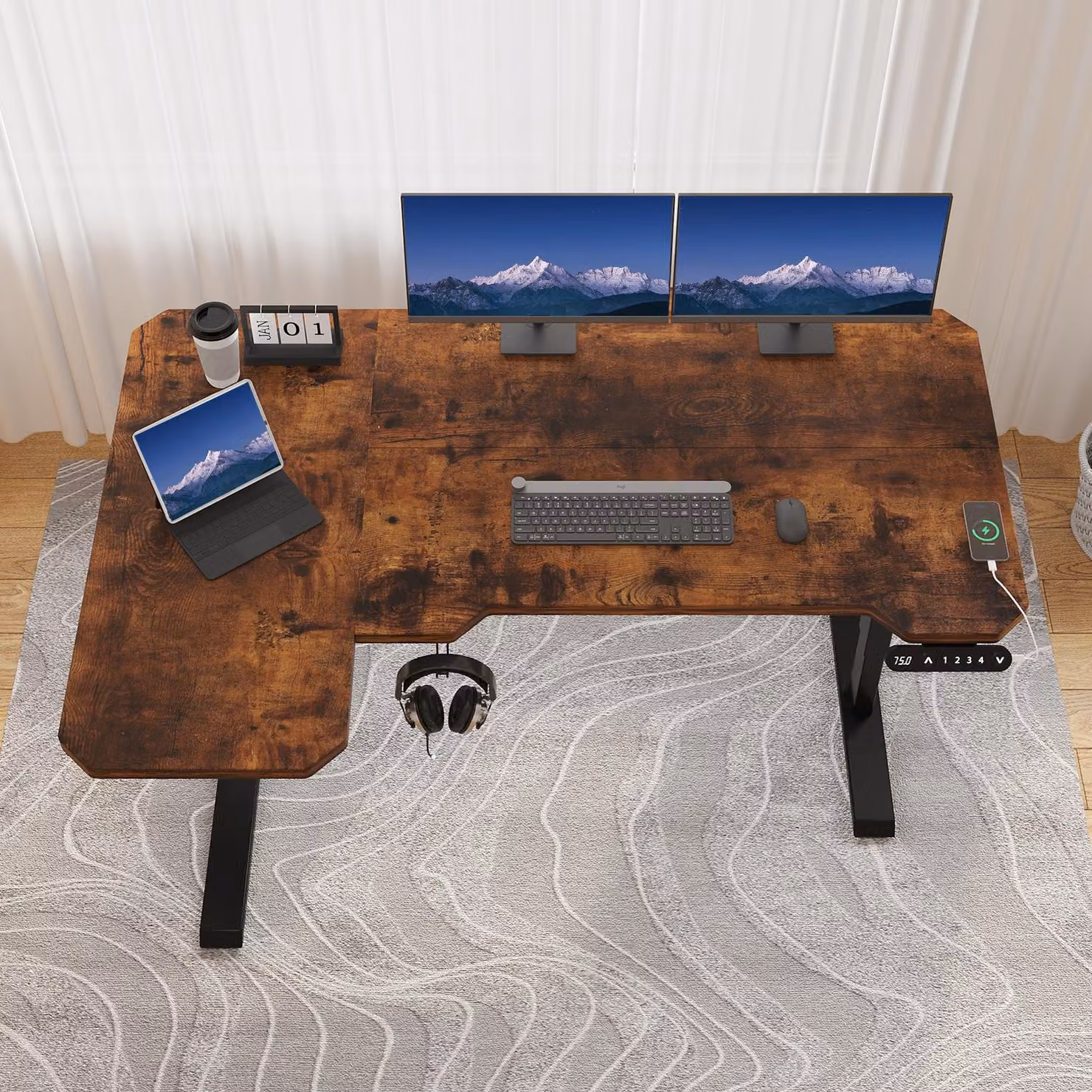 Hilodesk 150cm l scrivania elettrica regolabile in altezza , Con presa di corrente&Con ricarica rapida, Marrone