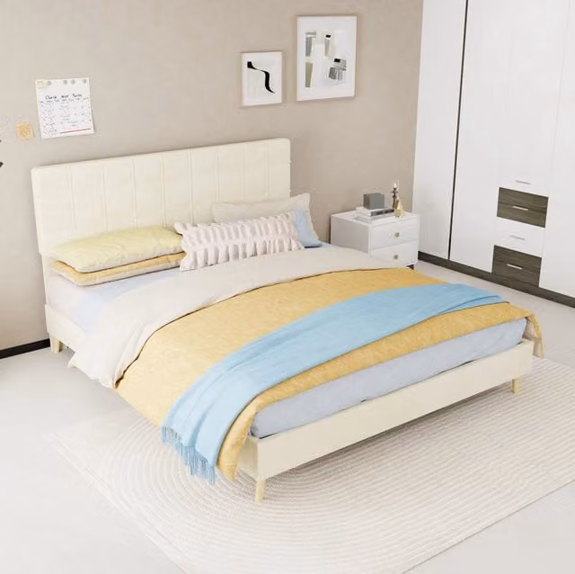 Letto matrimoniale 160 x 200 cm in velluto beige con testiera imbottita a quadri