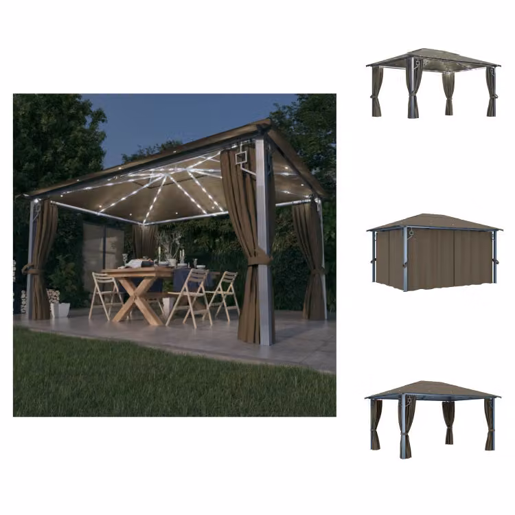 vidaXL Padiglione con tende e luci LED 400x300 cm in alluminio Taupe - Padiglioni e tende per feste