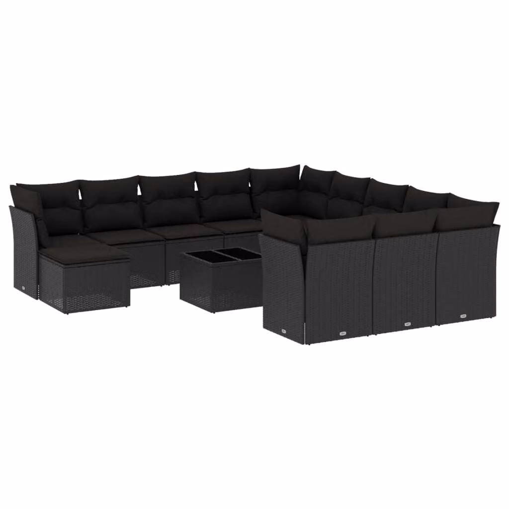Set Divani da Giardino 13pz con Cuscini Nero in Polyrattan