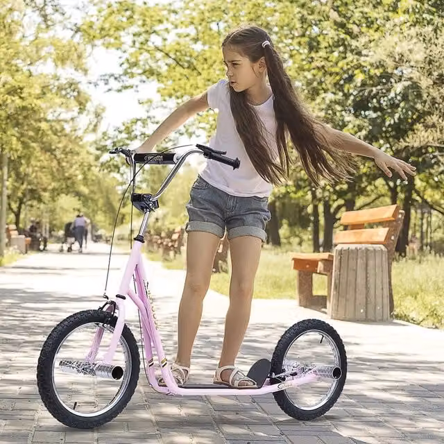 Monopattino Bambini Rosa 16" con Ruote ad Aria, Altezza Regolabile 92-100 cm, da 5 Anni, 143 x 58 cm