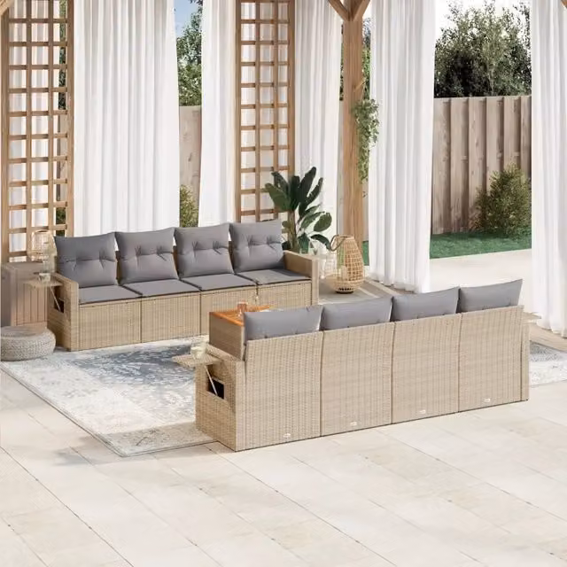 vidaXL Set Divano da Giardino 9 pz a forma di U in Polyrattan con Cuscini Beige e Grigio – 1