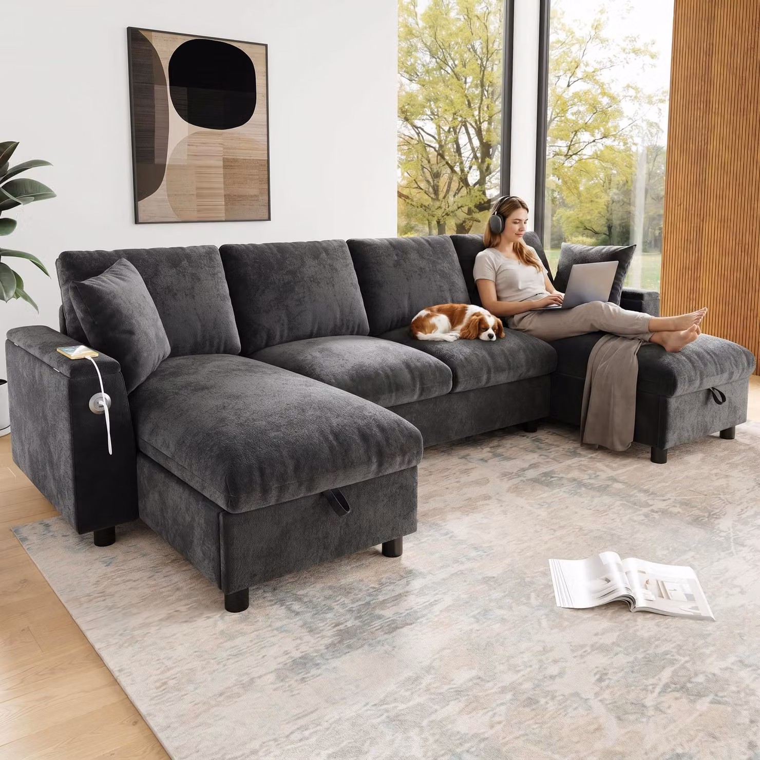 Divano ad angolo a U Merax a 4 posti, divano in ciniglia con 2 chaise longue, schienale ribaltabile, portabevande, contenitore per la biancheria da letto, vano portaoggetti, divano, grigio