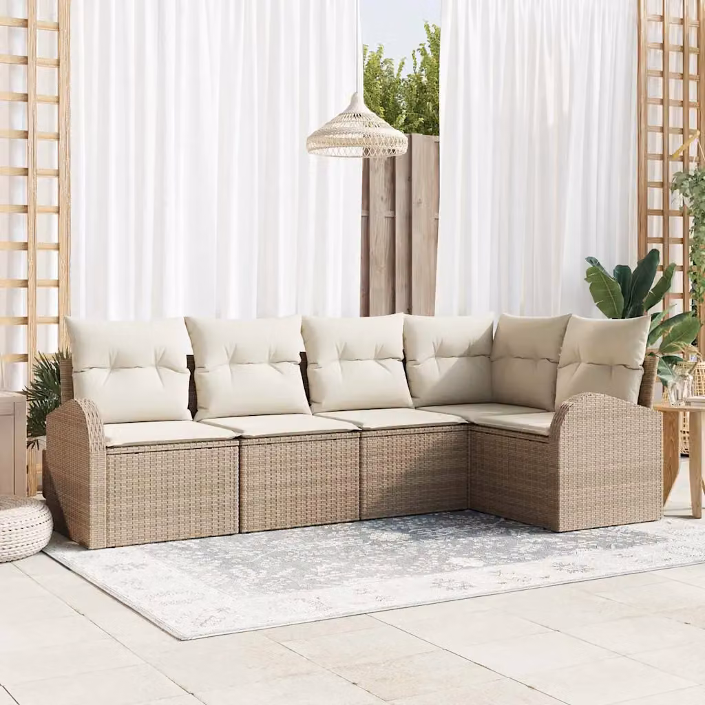 Set Divano da Giardino vidaXL 5 Pezzi a Forma di L con Cuscini Beige e Bianco