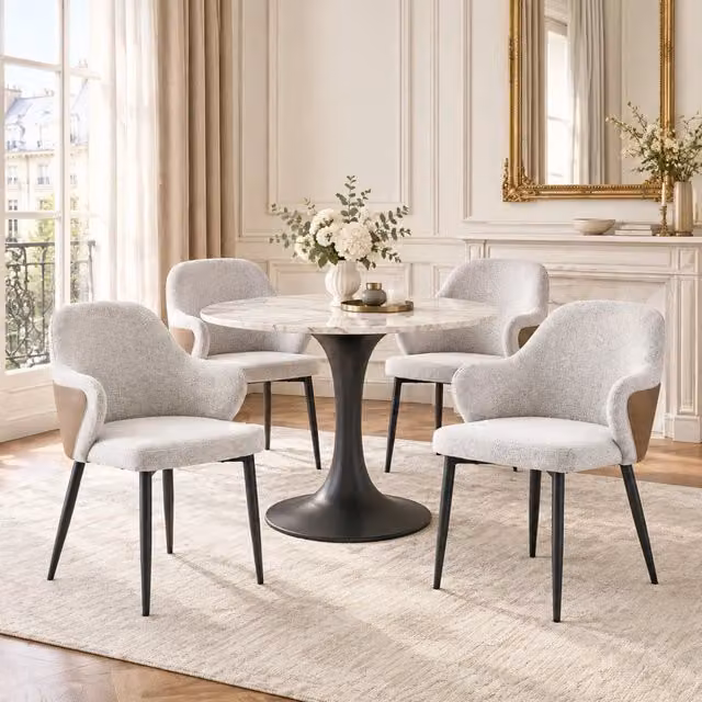 Set 2 sedie da pranzo ULEVR in tessuto grigio chiaro e PU marrone, gambe in metallo nero, altezza 83 cm