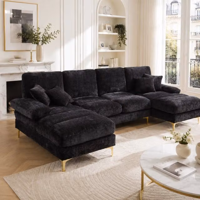 Divano componibile a U 4 posti 272 cm con doppia chaise longue in ciniglia nera per soggiorno