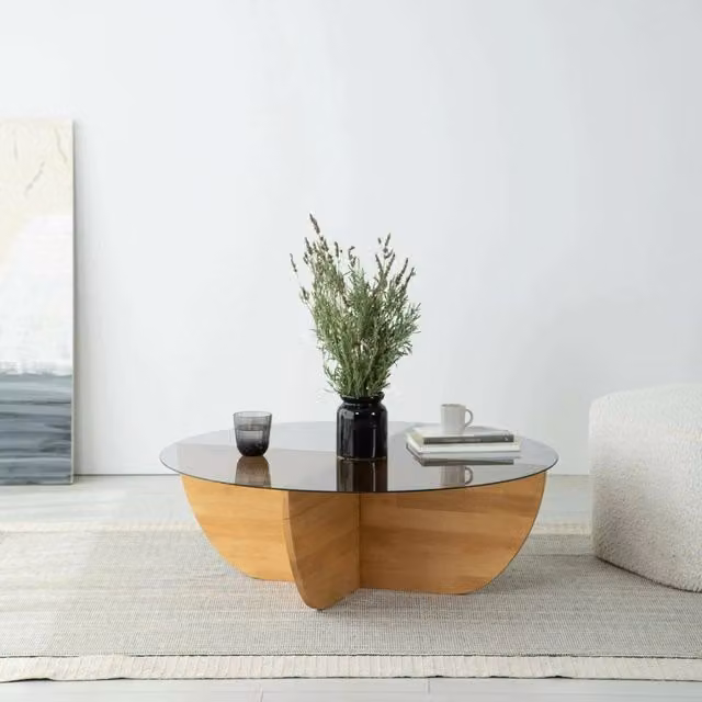 Tavolino da salotto rotondo DMORA in legno rovere e vetro, Marrone, L: 90 cm, P: 90 cm, H: 30 cm