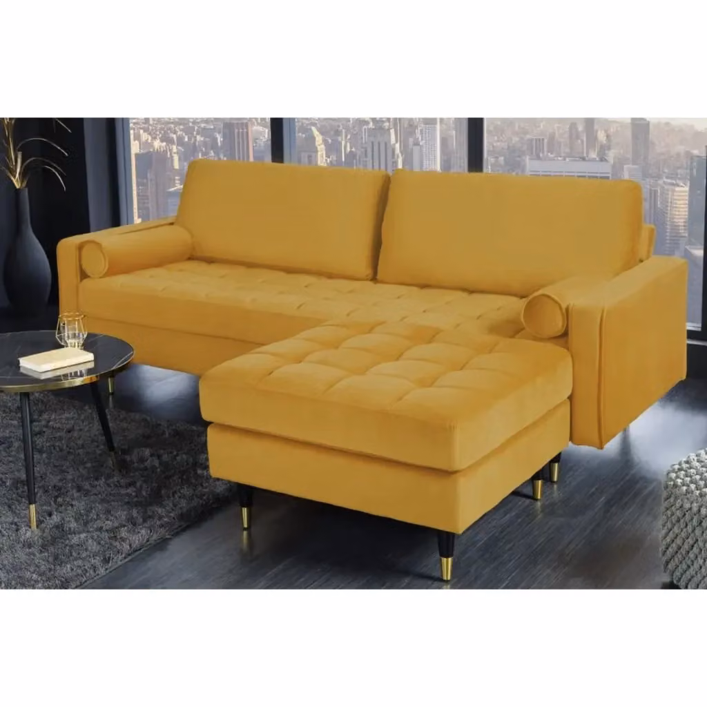 Divano ad angolo reversibile KOLIRI Meublorama giallo in velluto con pouf coordinato L/P/H: 165 x 90 x 82 cm – 2