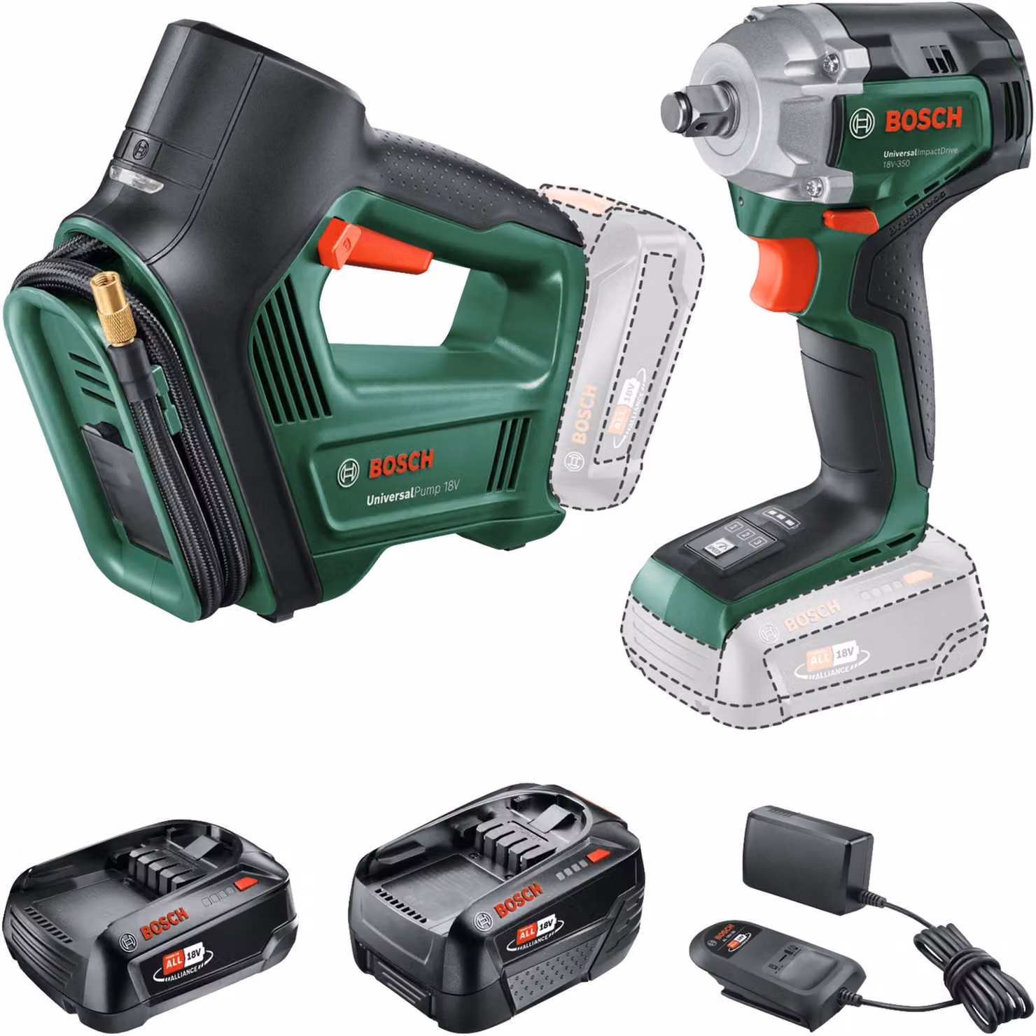 Bosch Combo Kit 18V UniversalImpactDrive+UniversalPump, 1x PBA 18V 2 Ah+PBA 18V 4 Ah
