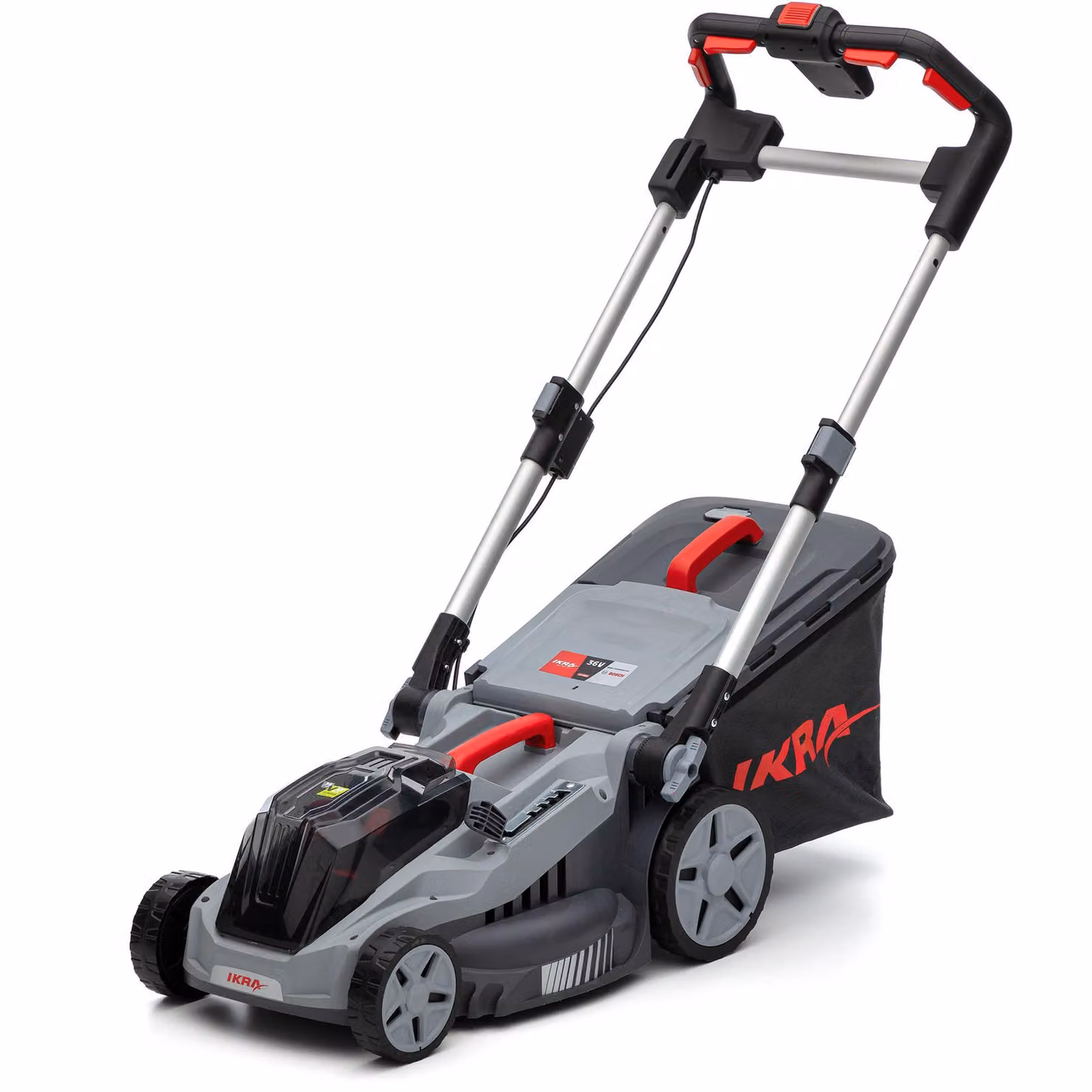 Tosaerba a batteria IKRA IB-LM 38 | Sistema Bosch 36 V | Larghezza di taglio 38 cm | 5 altezze di taglio 30-75 mm | Kit mulching | Cestello di raccolta 42 l | Senza batteria e caricabatteria