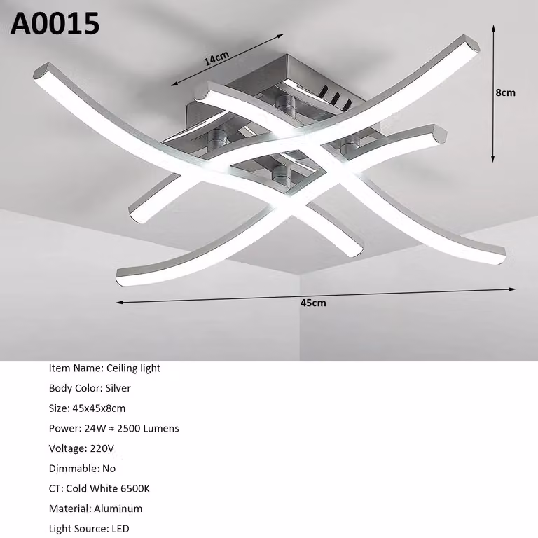 Pannello luminoso a LED - Design moderno - 4 sorgenti luminose - Forma elegante e sinuosa - Luce bianca fredda 6500 K - Non dimmerabile - Codice colore A0015