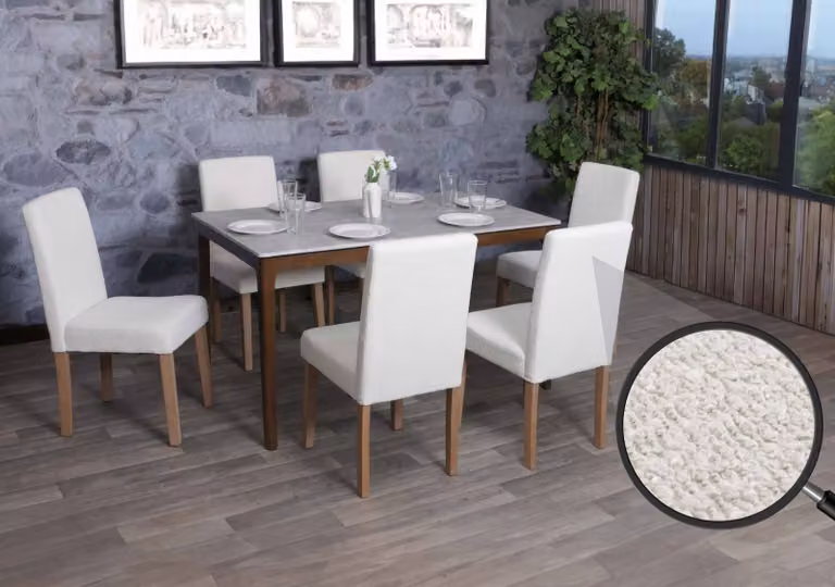 set di 6 sedie da sala da pranzo Littau, sedia da cucina con schienale alto, tessuto/textile bouclé legno ~ crema, gambe color naturale